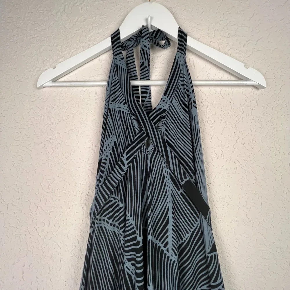 BOHO Womens Black White Long Maxi Striped Print Tie Halter Neck Dress - Picture 5 of 8
